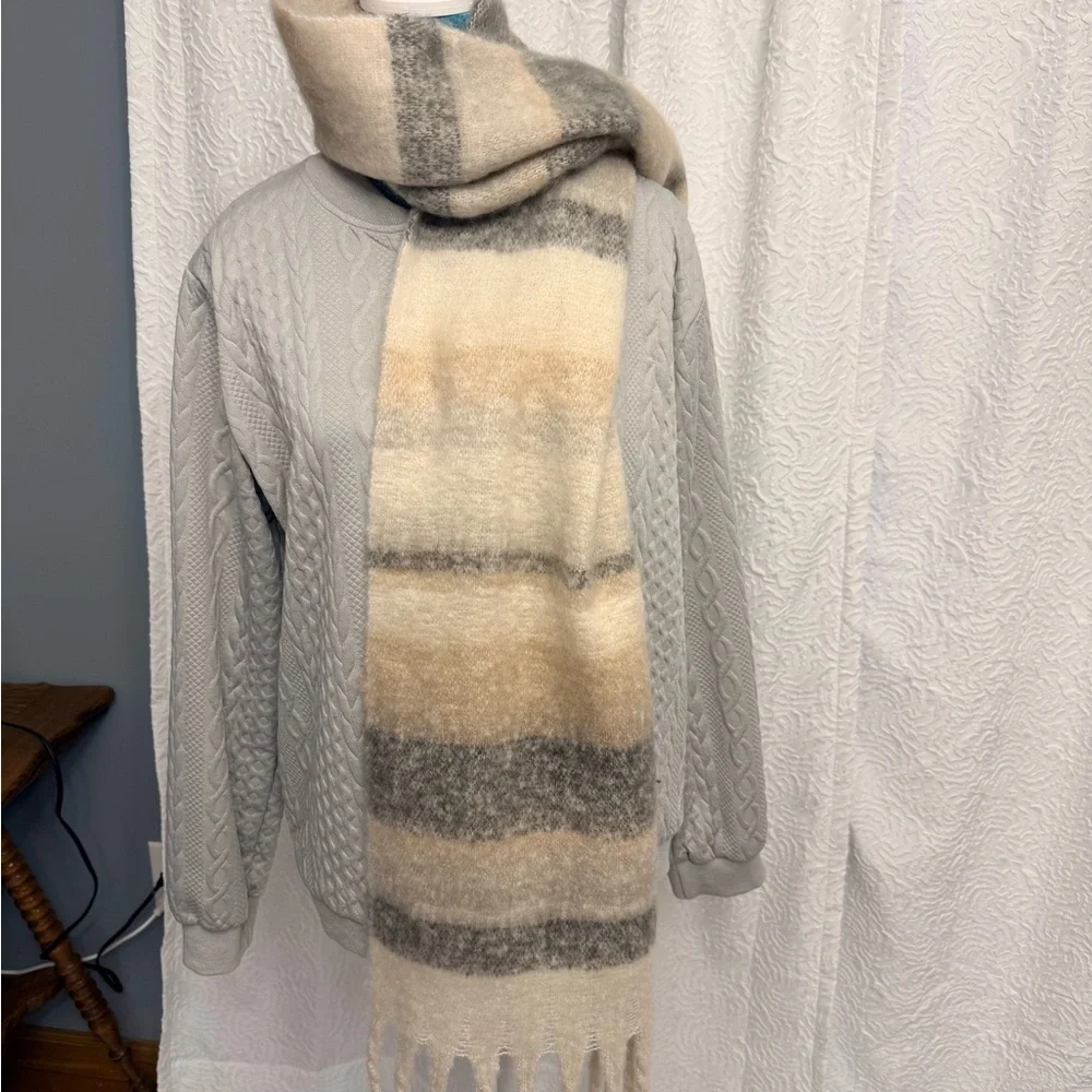 Montana Neutral Stripes Fluffy Scarf Cozy Plaid Scarf with Fringe NWOT